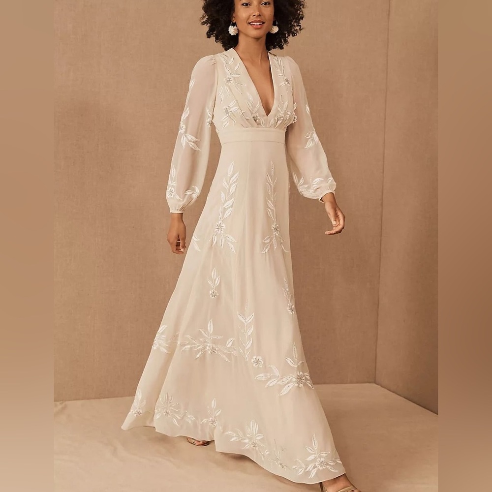 BHLDN Belize Embroidered A-Line Long-Sleeve V-Neck Gown